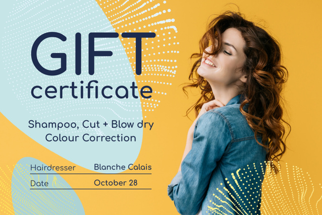 Platilla de diseño Beauty Studio Ad with Woman with Curly Hair Gift Certificate