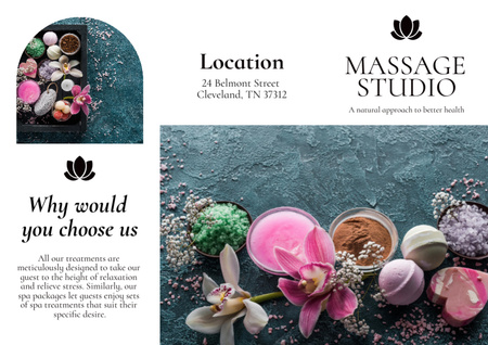Massage Studio Advertisement with Flowers and Sea Salt Brochure Design Template