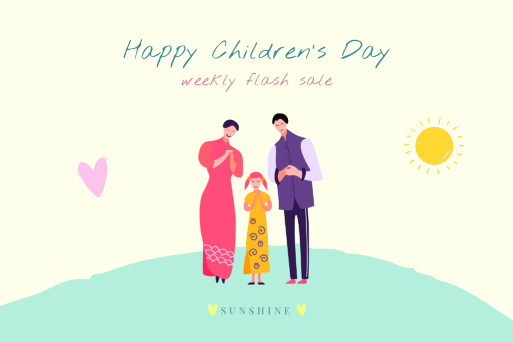 Children's Day Sale Ad with Cute Family Illustration Postcard 4x6in Tasarım Şablonu