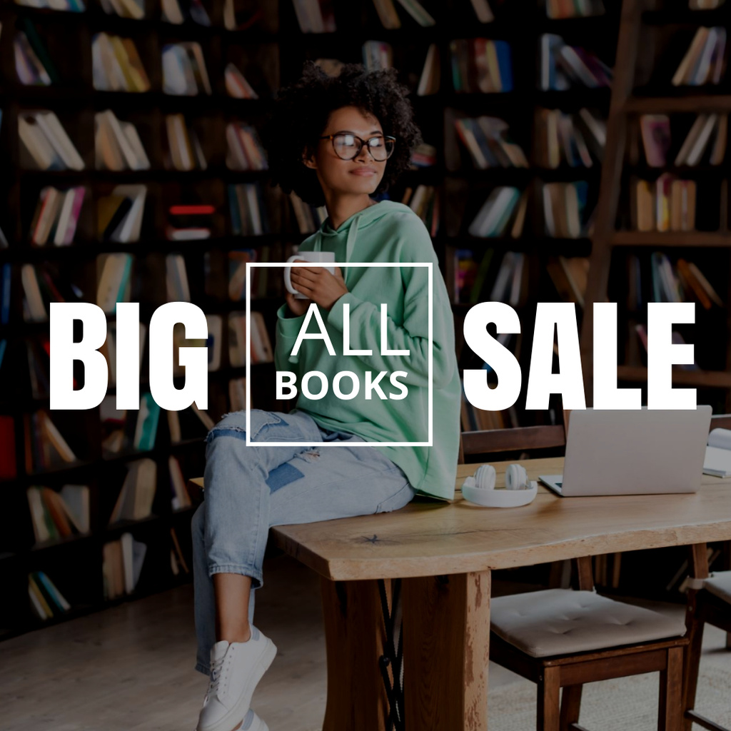 Szablon projektu Books Sale Announcement with Black Woman in Library Instagram