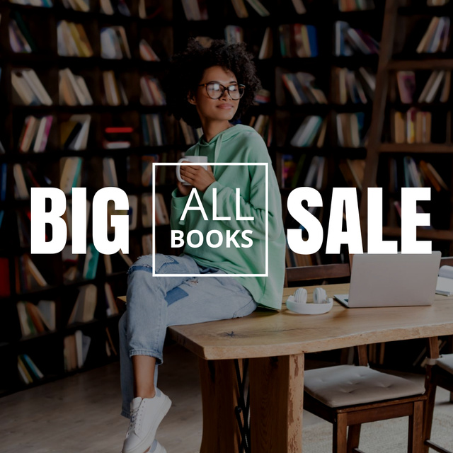 Books Sale Announcement with Black Woman in Library Instagram tervezősablon