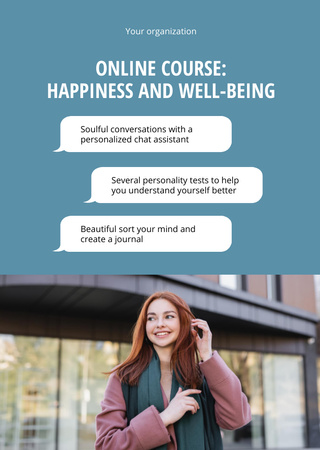 Ontwerpsjabloon van Postcard A6 Vertical van Happiness and Wellbeing Course Offer
