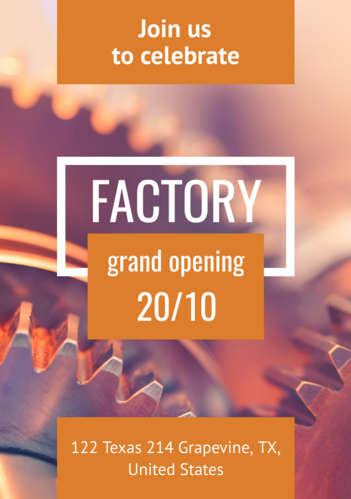 Factory Grand Opening Announcement with Cogwheel Mechanism Flyer A7 Modelo de Design