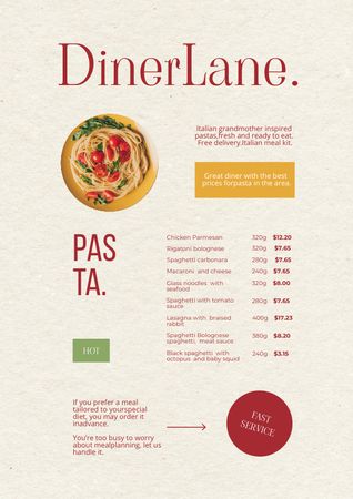 Plantilla de diseño de Dinner Menu Announcement with Pasta Menu 