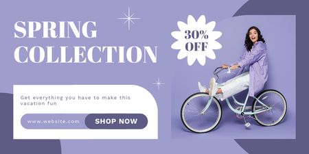 Spring Sale with Beautiful Brunette on Bicycle Twitter Design Template