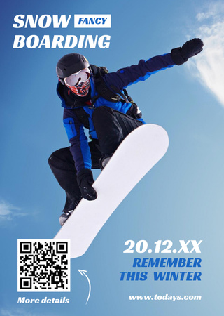 Plantilla de diseño de Snowboard Event announcement Man riding in Snowy Mountains Flyer A6 
