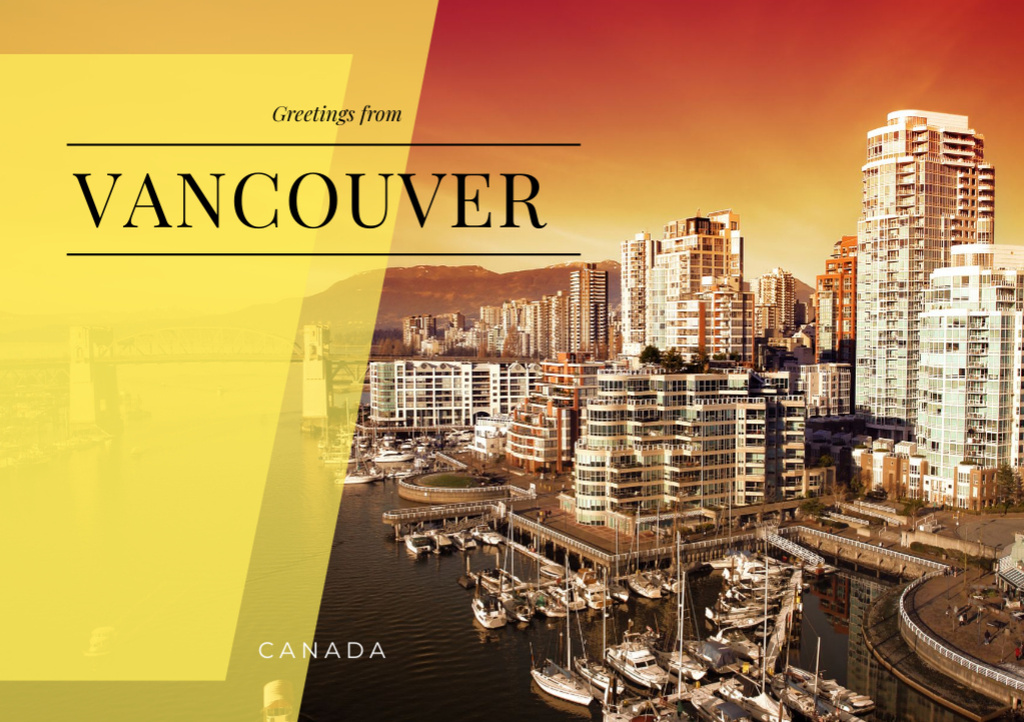Vancouver City View With Greetings Postcard A5 Design Template