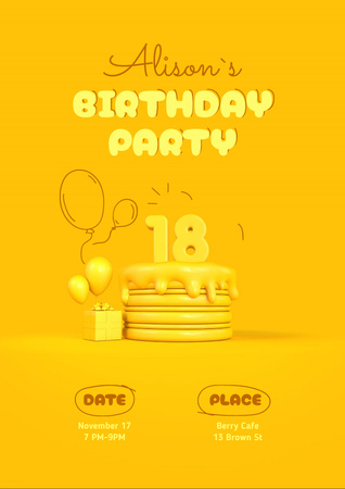 Birthday Party Invitation with Bright Yellow Festive Cake Flyer A4 Design Template