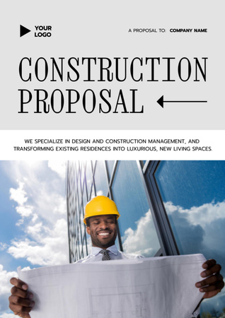 Reklama na stavební služby s pohledným usměvavým architektem Proposal Šablona návrhu