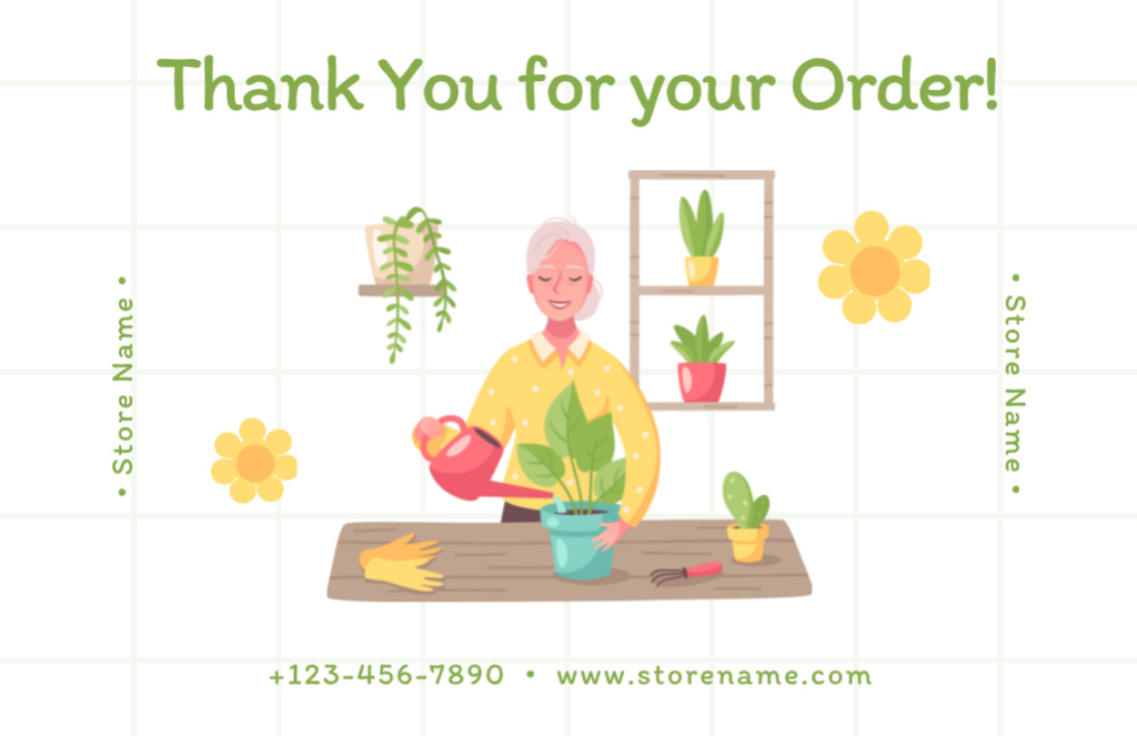 Thank You Message with Woman Watering Potted Flowers Thank You Card 5.5x8.5in Šablona návrhu