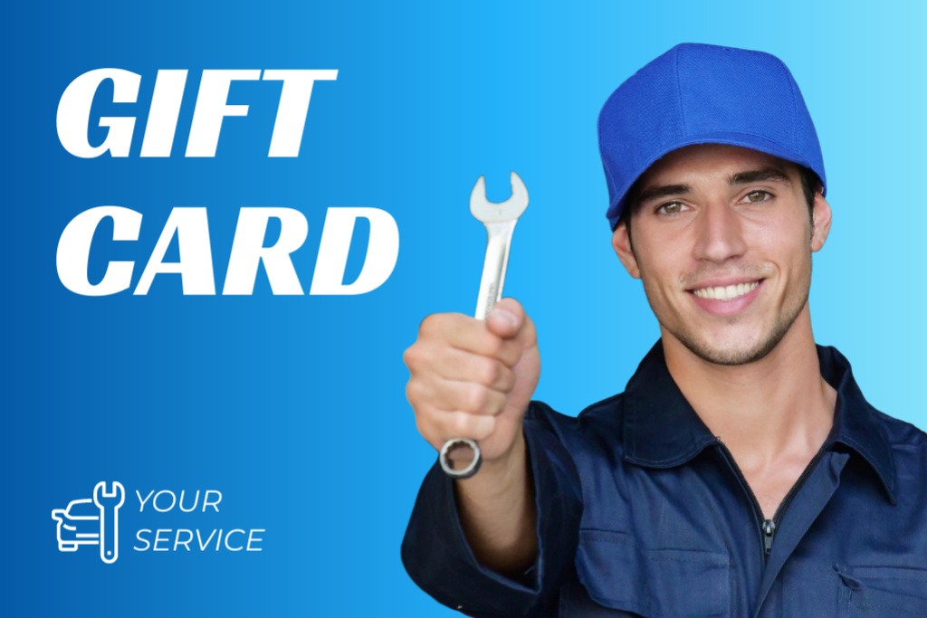 Ontwerpsjabloon van Gift Certificate van Car Repair Services with Worker holding Tool