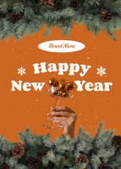 Bright New Year Greeting with Pine Cones on Tree in Orange