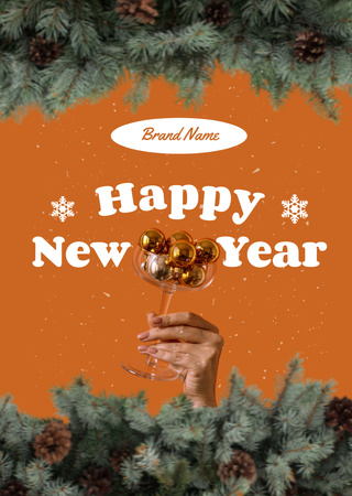 New Year Greeting with Pine Cones on Tree Postcard A6 Vertical Design Template