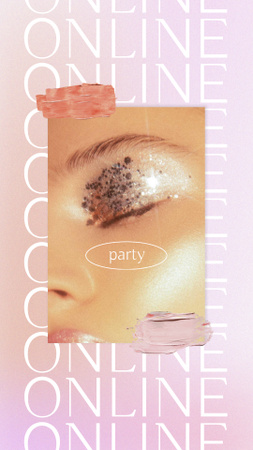 Plantilla de diseño de anuncio de fiesta en línea con la mujer en maquillaje brillante Instagram Story 