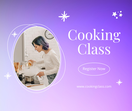 Cooking Class Announcement with Woman at Stove Facebook Design Template