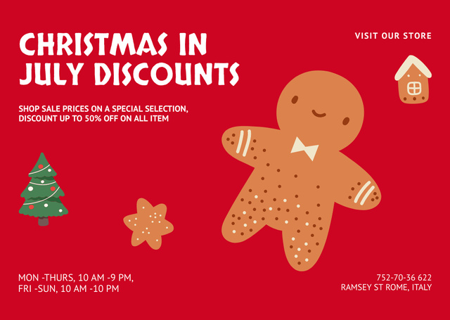 Modèle de visuel Christmas Sale in July Discounts with Cute Gingerbread - Flyer A6 Horizontal