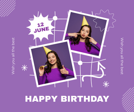 Collage of Happy Birthday Girl on Purple Facebook Modelo de Design