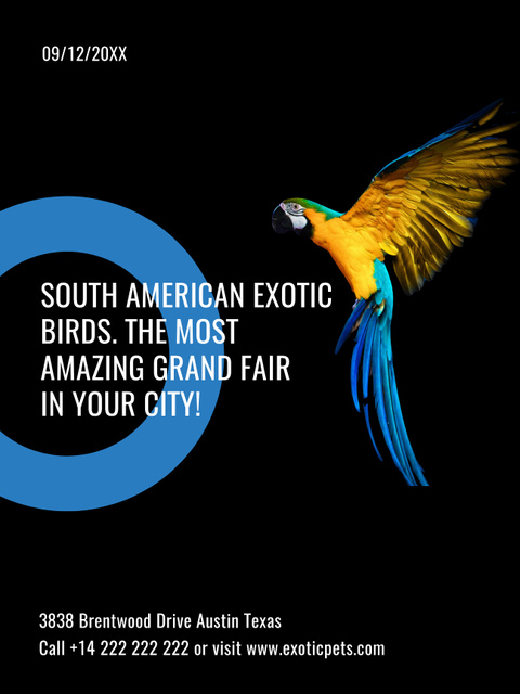 Ontwerpsjabloon van Poster US van Exotic Birds Fair Ad with Blue Macaw Parrot