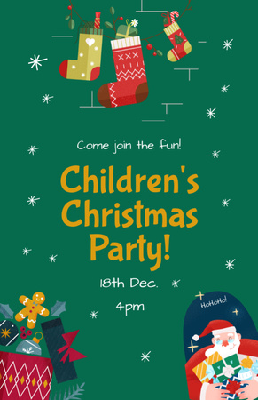 Объявление о детской рождественской вечеринке с подарками в зеленом цвете Invitation 5.5x8.5in – шаблон для дизайна