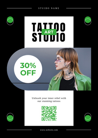 Art Tattoo Studio Service With Discount In Black Poster Design Template