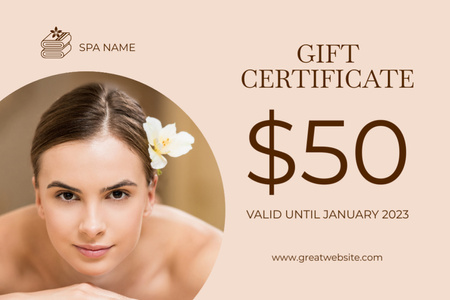 Ontwerpsjabloon van Gift Certificate van Wellness Center Promotion with Pretty Woman with Flower in Hair