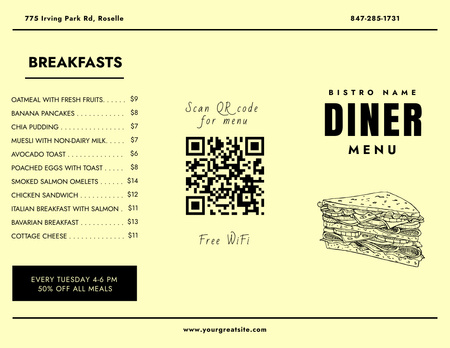 Plantilla de diseño de Sándwich ilustrado para la lista de platos de Diner Menu 11x8.5in Tri-Fold 