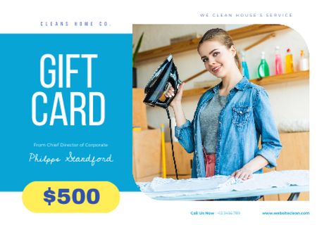 Cleaning Service Gift card with Girl with Iron Postcard Design Template