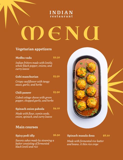 Ontwerpsjabloon van Menu 8.5x11in van Tasty Indian Dish Menu