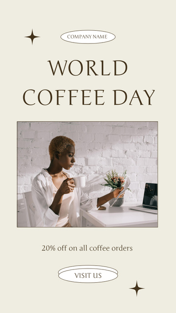 Woman Drinking Beverage for World Coffee Day Instagram Story tervezősablon