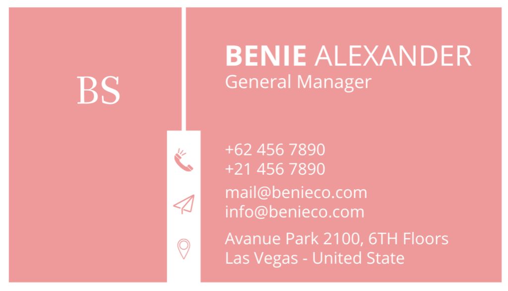 Ontwerpsjabloon van Business Card US van General Manager Contacts on Pink