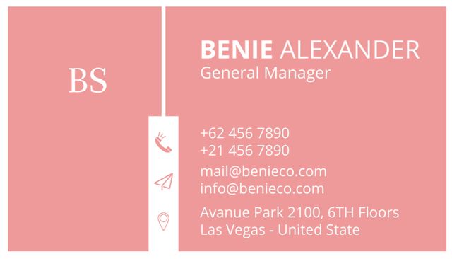 Template di design General Manager Contacts on Pink Business Card US