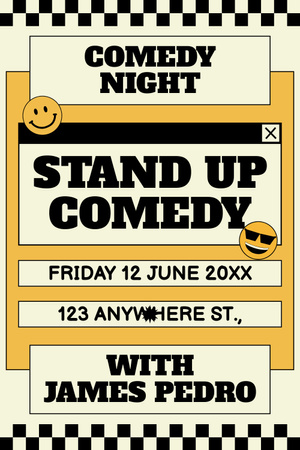 Ontwerpsjabloon van Pinterest van Stand-up Comedy Night-aankondiging met schattige stickers