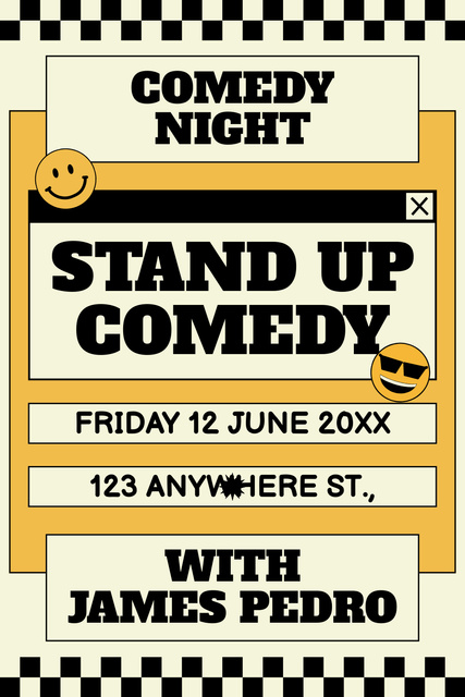Ontwerpsjabloon van Pinterest van Stand-up Comedy Night Announcement with Cute Stickers