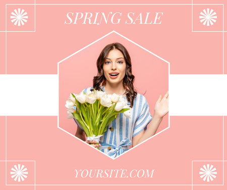 Spring Sale with Young Woman with Tulips Facebook Design Template