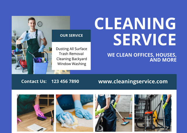Designvorlage Cleaning Services Offer with Man in Uniform für Flyer A6 Horizontal