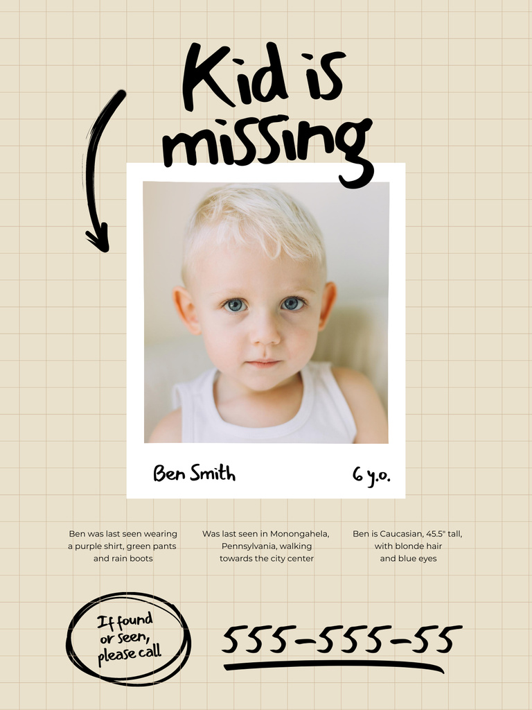 Plantilla de diseño de Announcement Of Request for Aid in Finding Little Boy In Yellow Poster US 