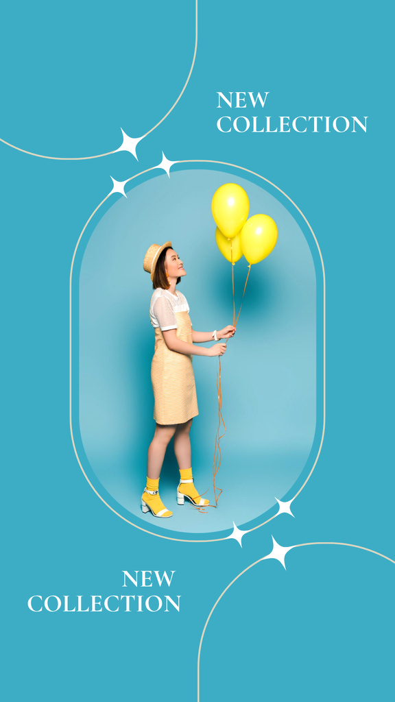 New Collection Ad with Woman holding Yellow Balloons Instagram Story tervezősablon