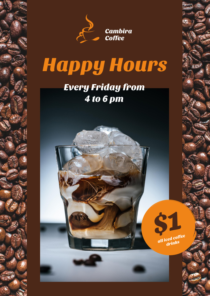 Coffee Shop Happy Hours Iced Latte in Glass Flyer A6 Design Template