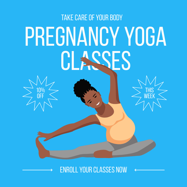 Yoga Classes Announcement with Cheerful Pregnant African American Woman Instagram Design Template