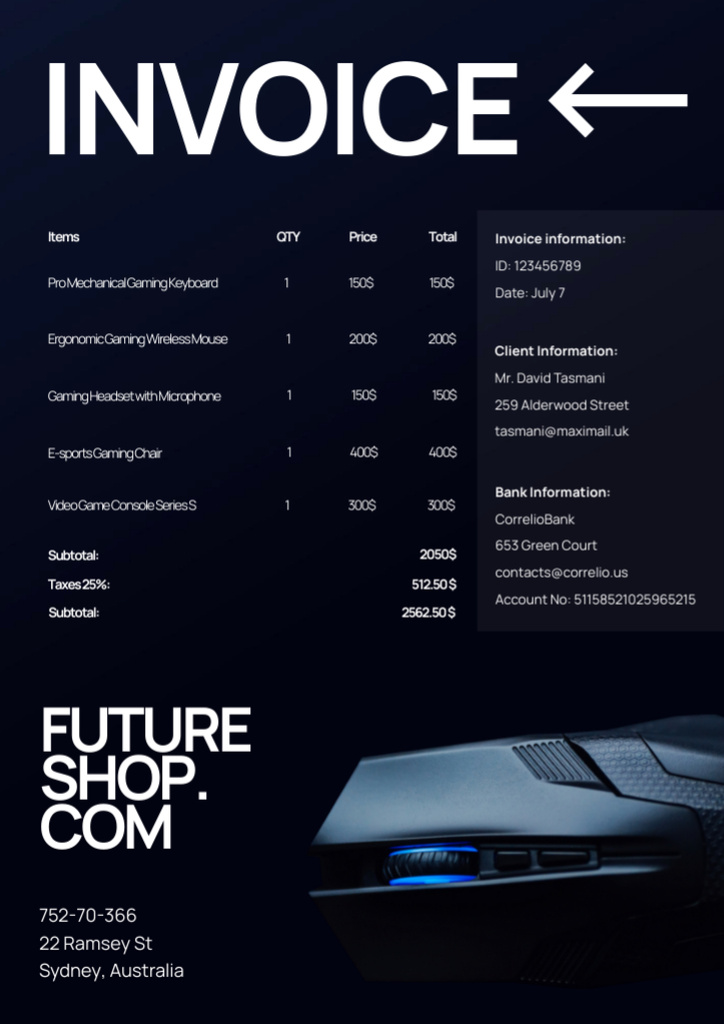 Sale of Game Equipment in Store of Future Invoice Tasarım Şablonu