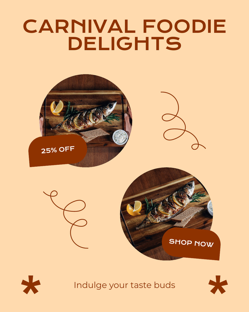 Luxurious Carnival For Foodies With Discount And Fish Instagram Post Vertical Design Template
