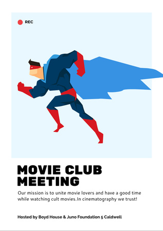 Movie Club Meeting with Man in Superhero Costume Flyer A4 Design Template