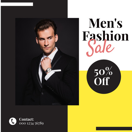 Template di design Annuncio di saldi di moda maschile con uomo in abito nero Instagram