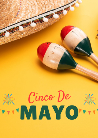 Cinco de Mayo Greeting With Maracas And Tambourine Postcard A6 Vertical Design Template