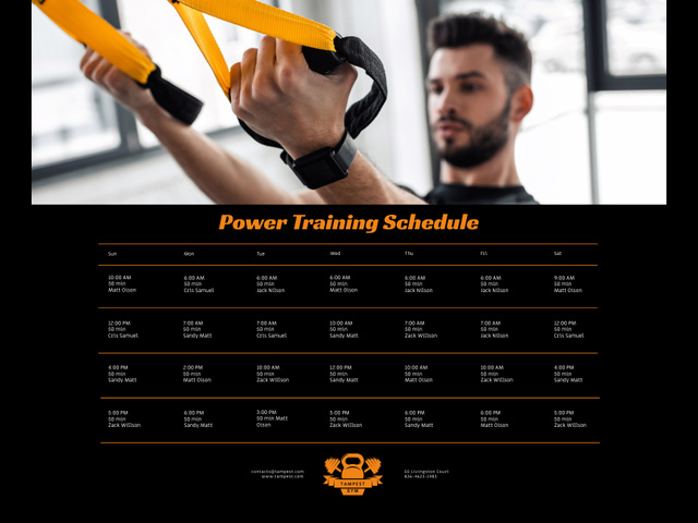 Man Resistance Training in Gym with Schedule Poster 18x24in Horizontal Tasarım Şablonu