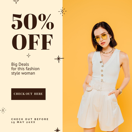 Young Woman Offering Fashion Sale Instagram Design Template