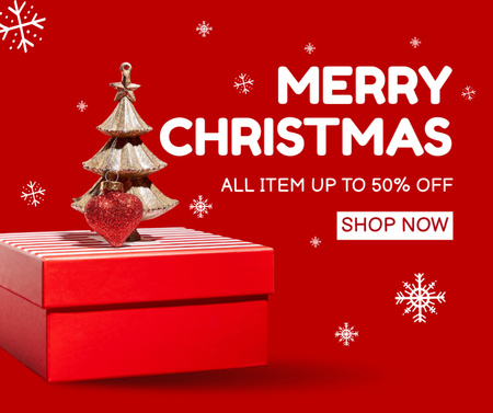 Punainen lahjarasia ja koristeellinen kultainen joulukuusi Facebook Design Template