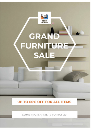 Grand furniture Sale with Cozy White Room Poster Design Template