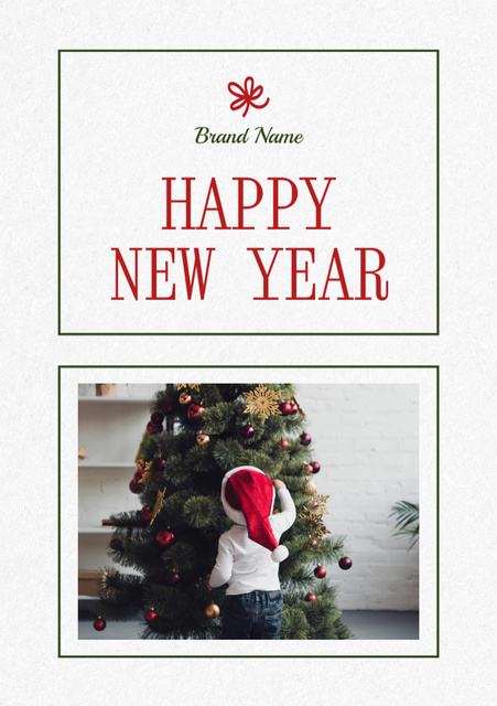 Template di design New Year Holiday Greeting with Child near Tree Postcard A5 Vertical