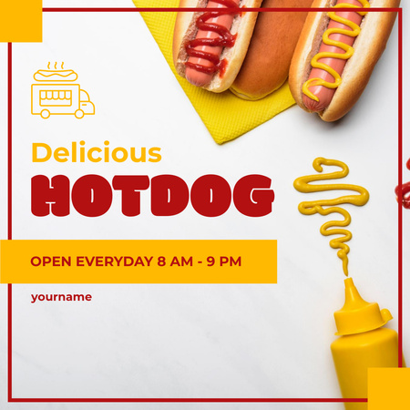 Designvorlage Street Food Ad mit leckerem Hot Dog mit Sauce für Instagram